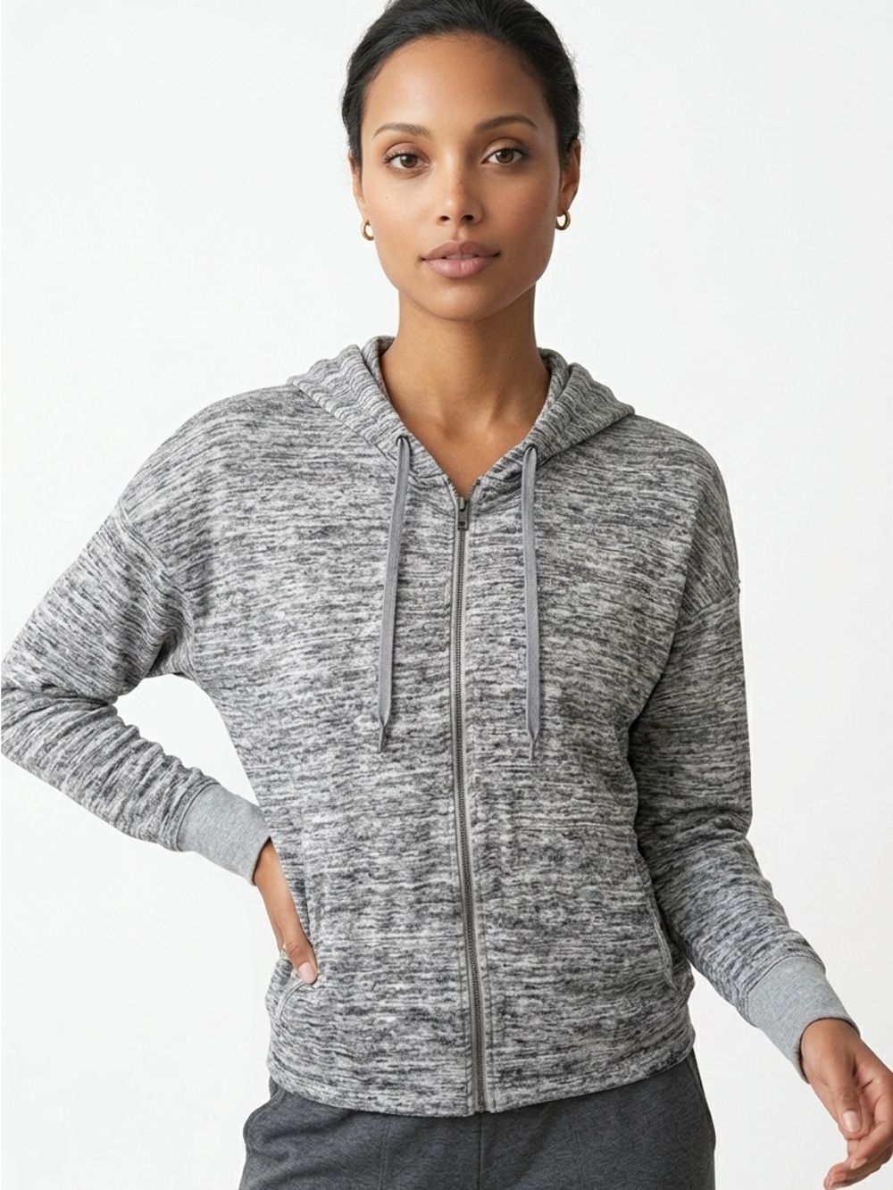 |•ATHLETA•| Heather Grey Full Zip Hooded Sweatshirt Size Medium